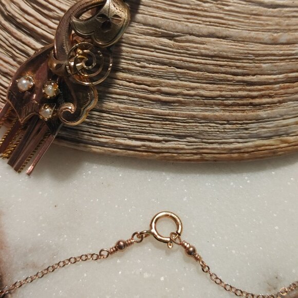 Vintage 12K Gold Moveable Intricate Pendant Necklace 14K GF Chain Pearl Accents - Picture 6 of 16